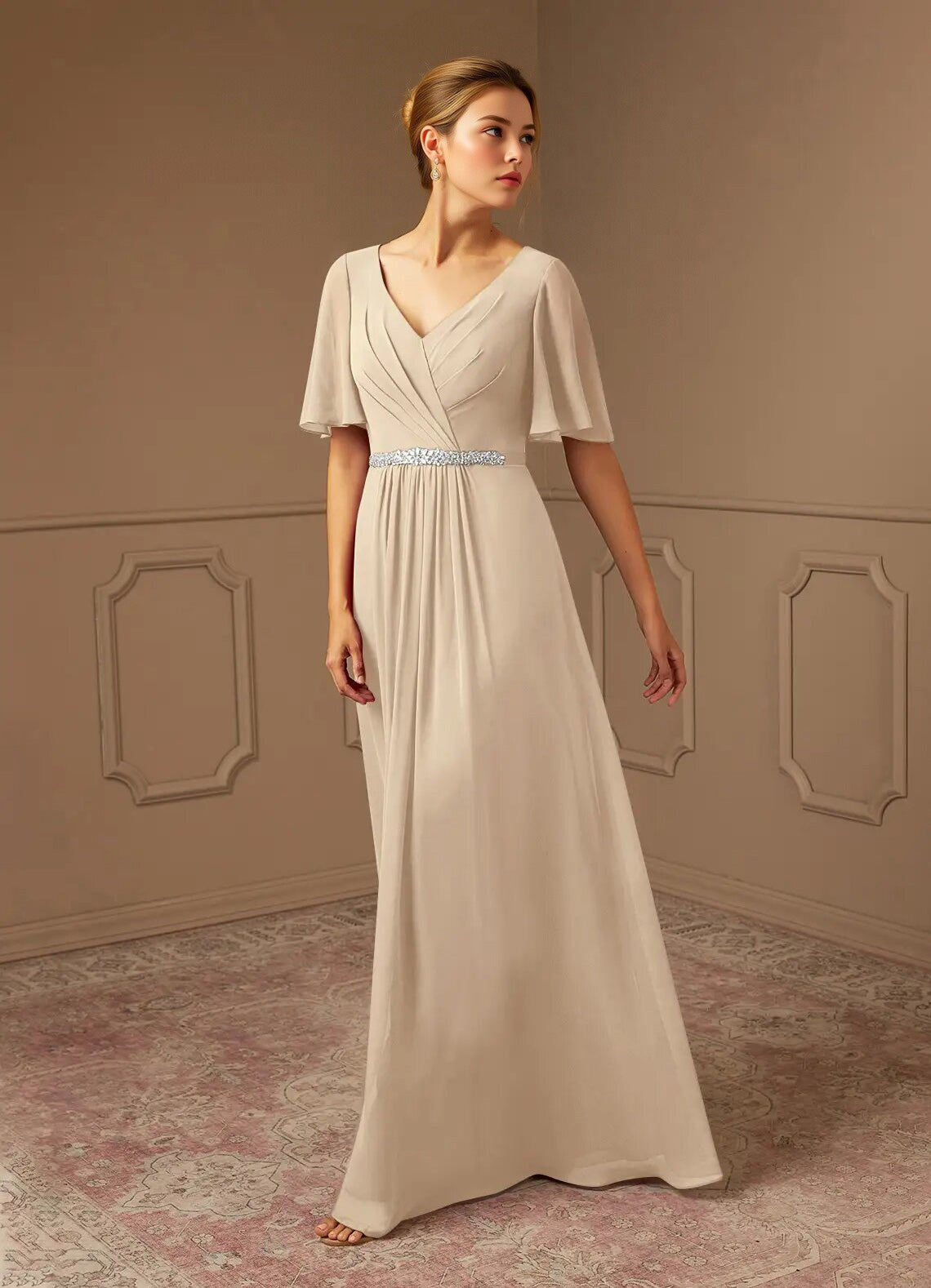 Augday A-Line V-Neck Pleated Chiffon Dress