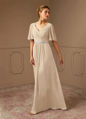Augday A-Line V-Neck Pleated Chiffon Dress