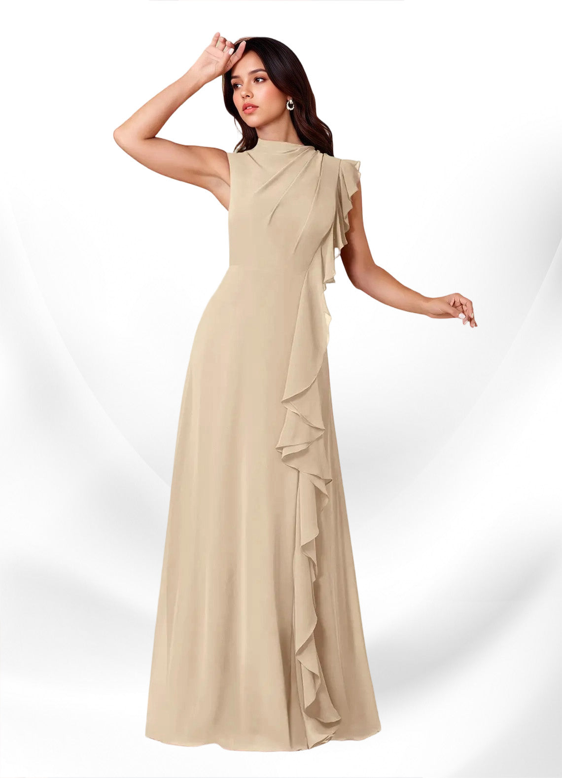 Augday Narine A-Line High Neckline Pleated Chiffon Dress