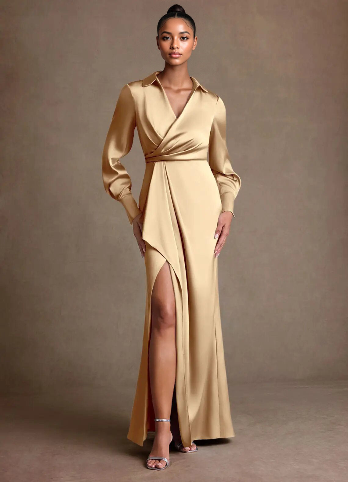 Augday Jacinta Sheath Pleated Stretch Satin Dress