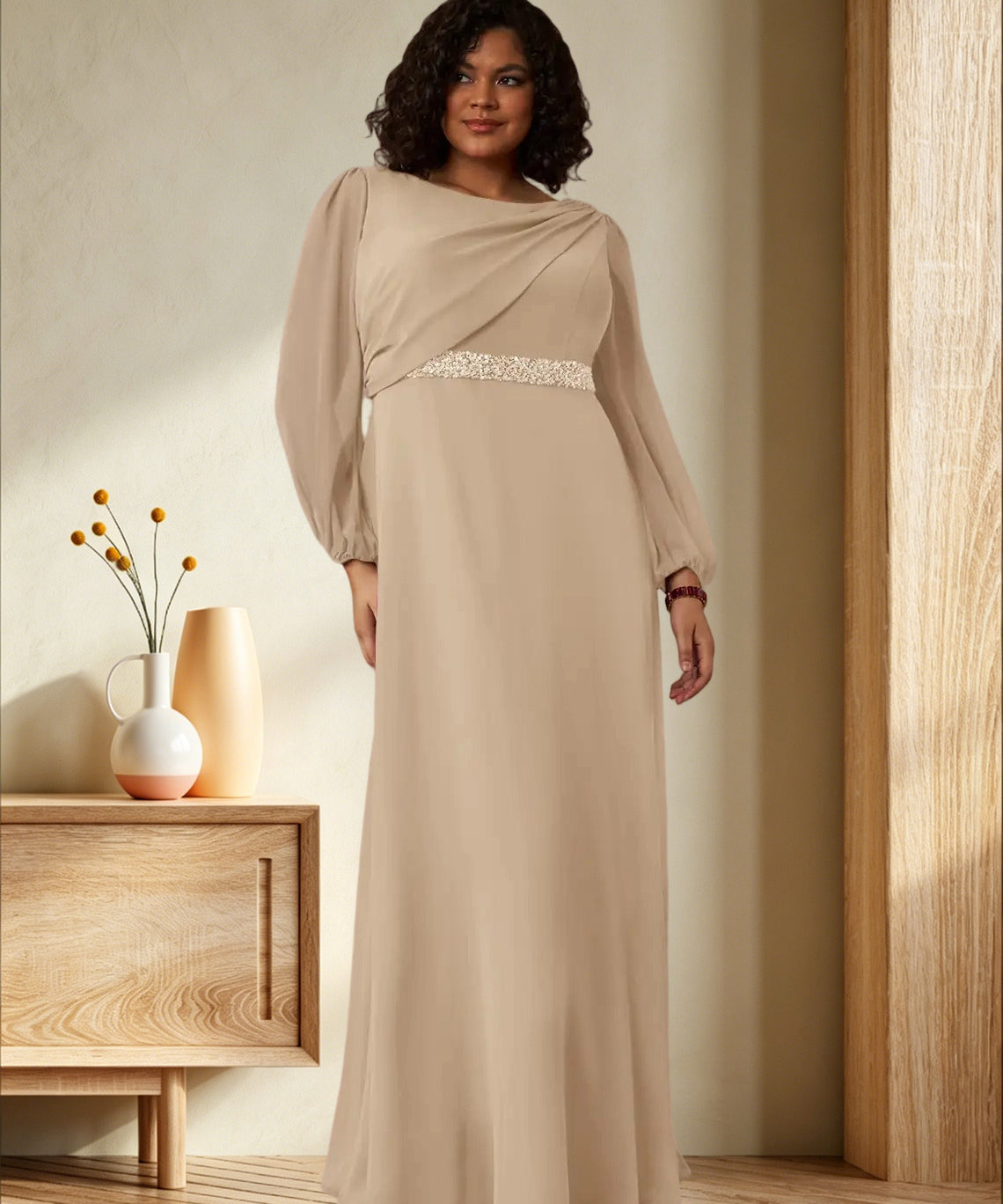 Augday Priyanka A-Line Boatneck Pleated Chiffon Dress