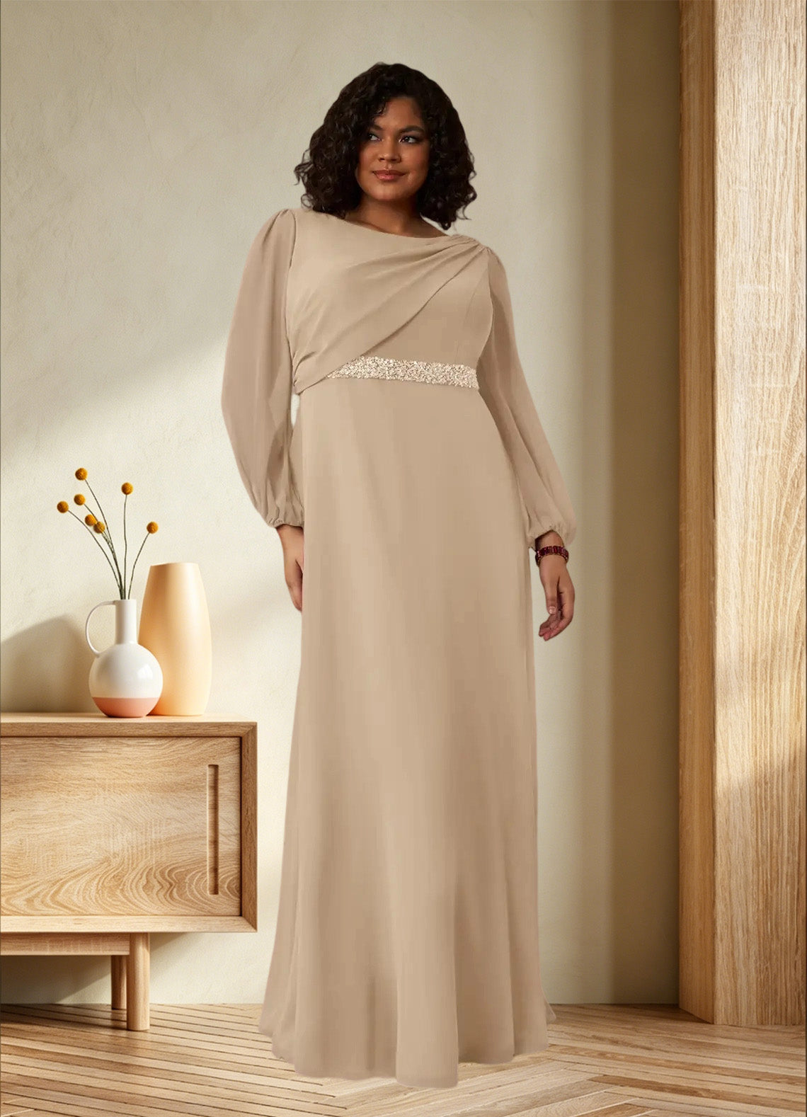 Augday Priyanka A-Line Boatneck Pleated Chiffon Dress