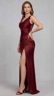 Summer Hot Sale 🌙 THE SATIN SLIP GOWN: COWL NECK, SIDE RUCHING, OPEN BACK