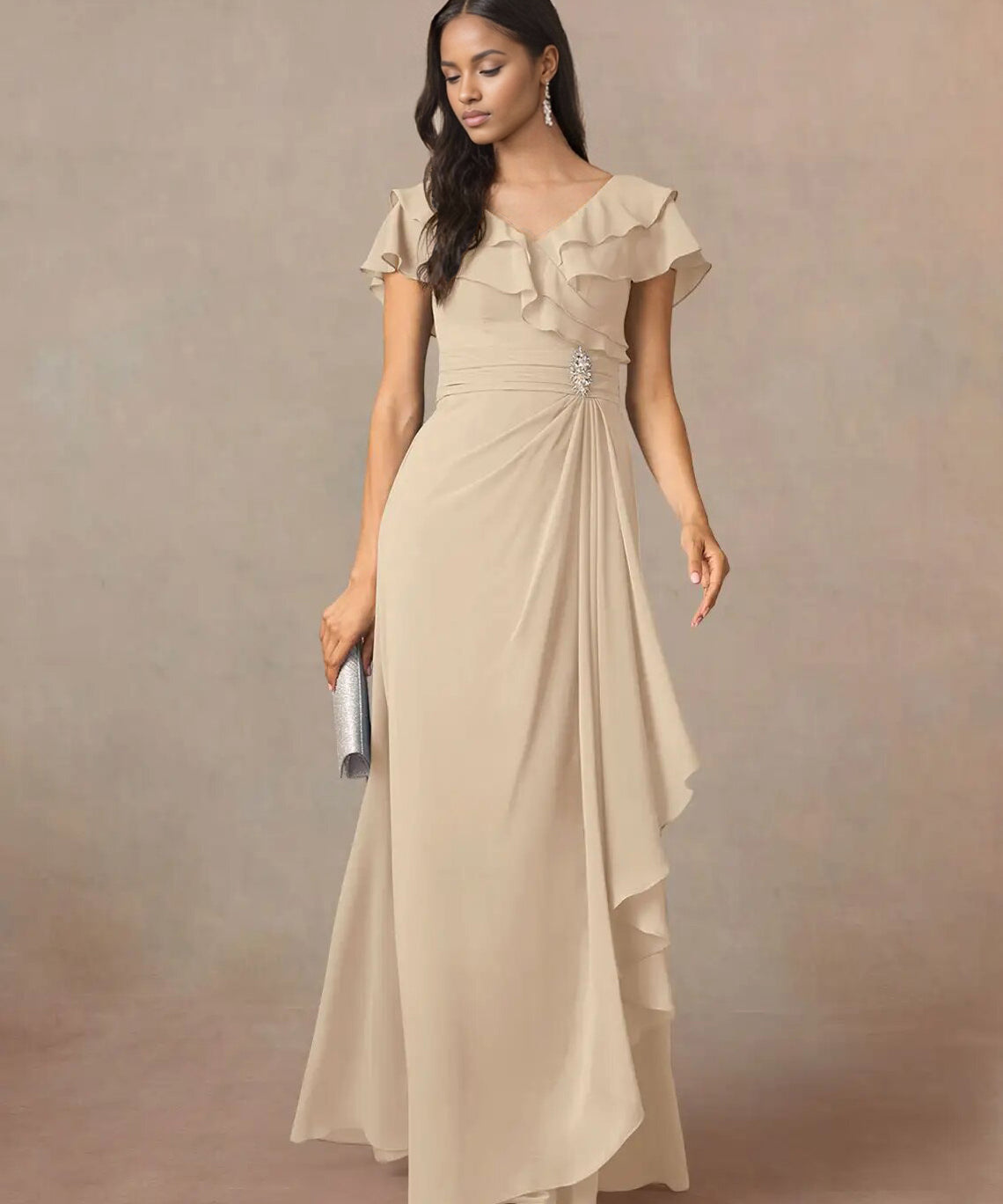 Augday A-Line V-Neck Ruched Chiffon Dress
