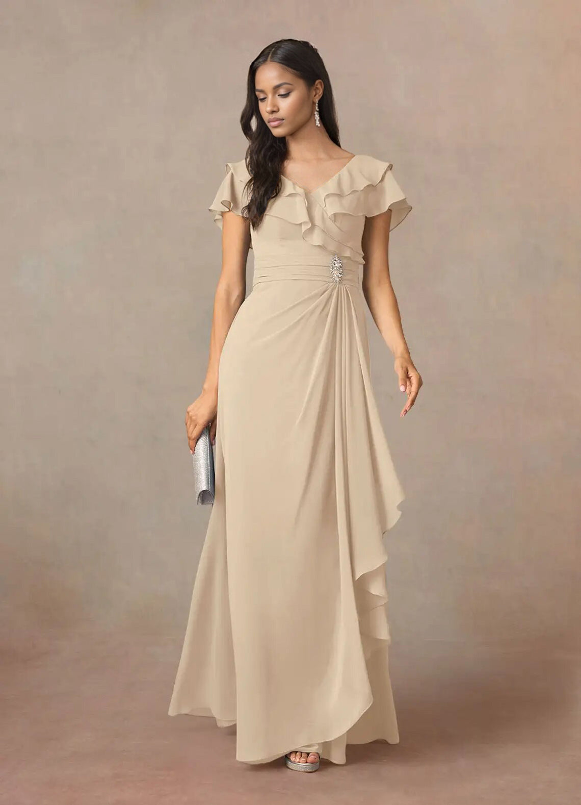 Augday A-Line V-Neck Ruched Chiffon Dress
