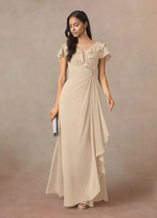 Augday A-Line V-Neck Ruched Chiffon Dress