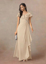 Augday A-Line V-Neck Ruched Chiffon Dress