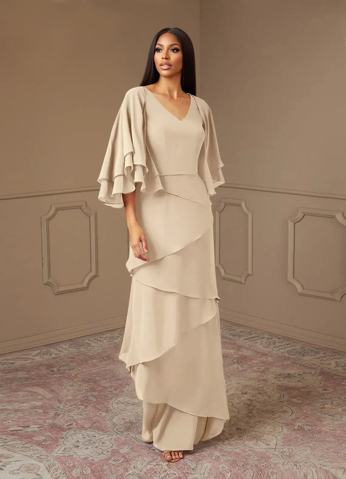 Augday OHara A-Line V-Neck Chiffon Dress