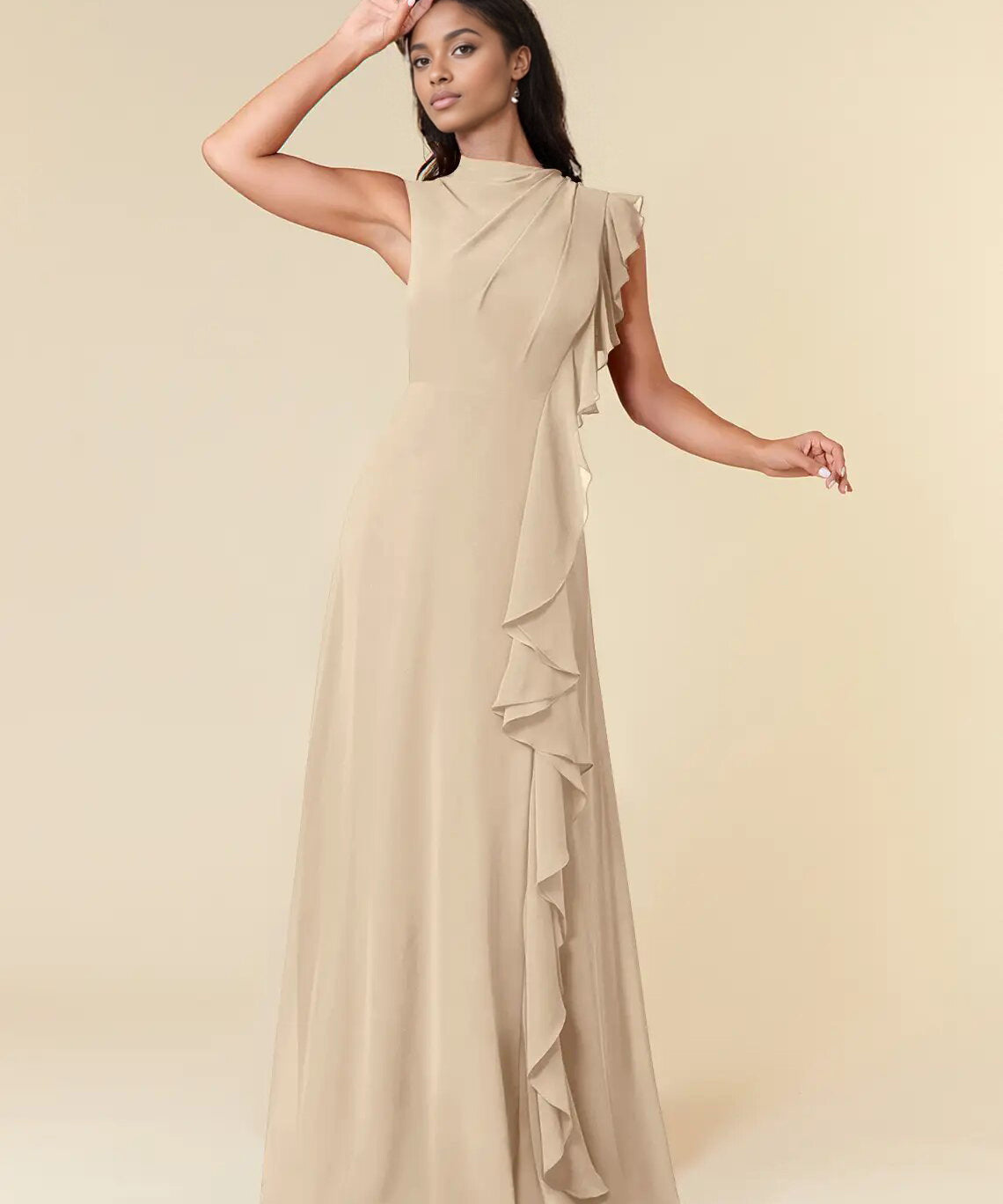 Augday A-Line High Neckline Pleated Chiffon Dress