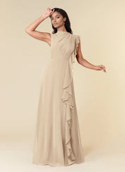 Augday A-Line High Neckline Pleated Chiffon Dress