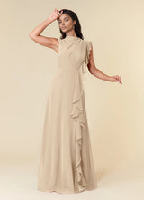 Augday A-Line High Neckline Pleated Chiffon Dress