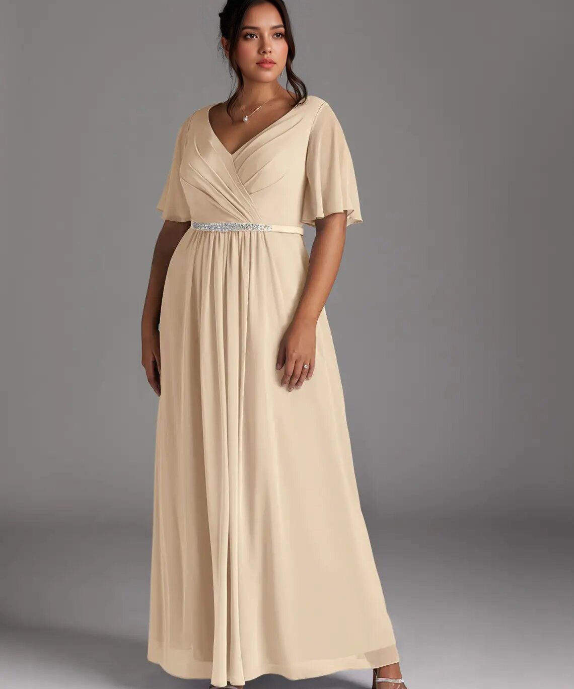 Augday A-Line V-Neck Pleated Chiffon Dress Plus Size