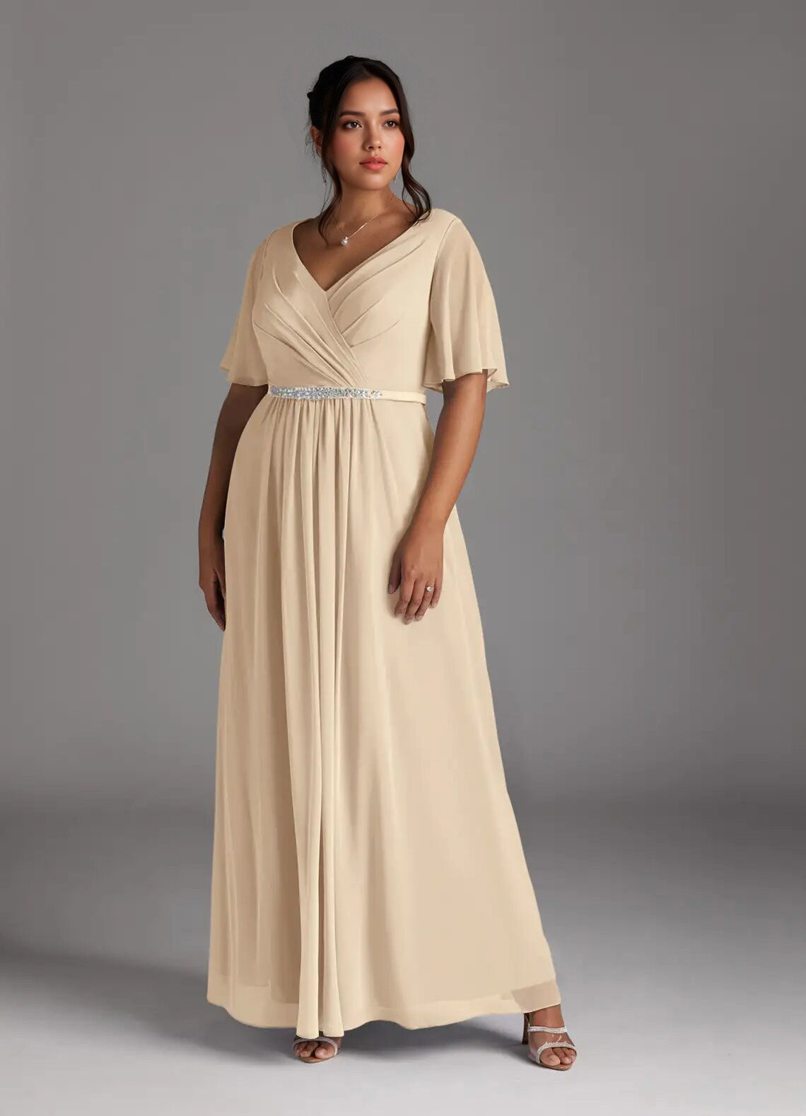 Augday A-Line V-Neck Pleated Chiffon Dress Plus Size