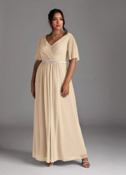 Augday A-Line V-Neck Pleated Chiffon Dress Plus Size