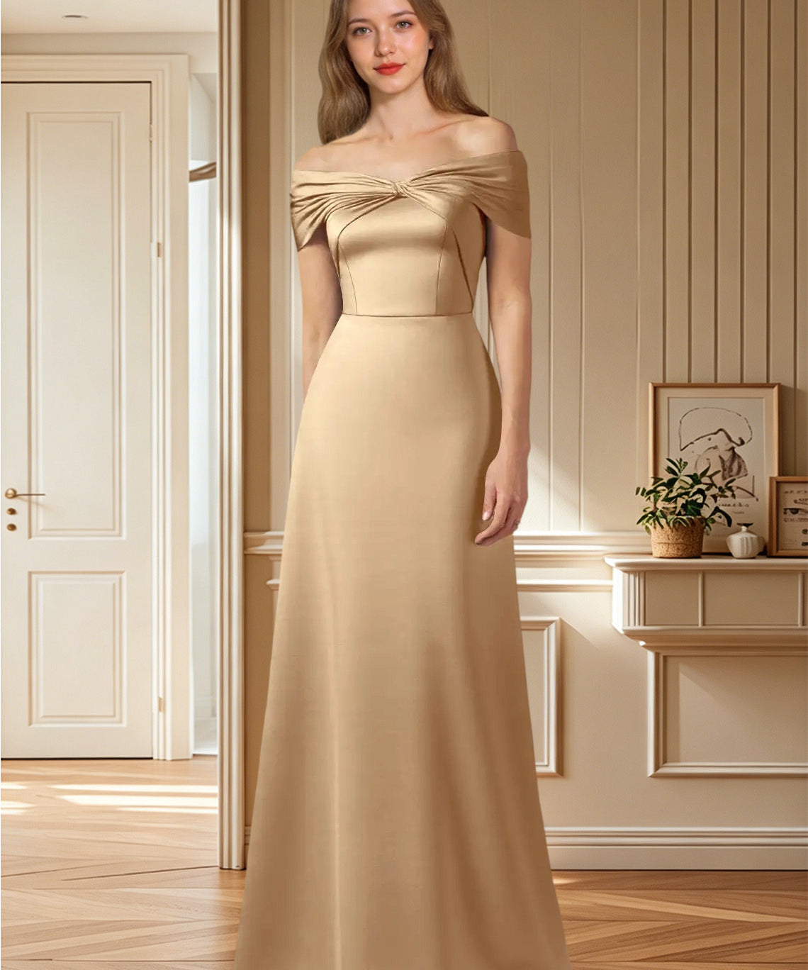 Augday Amelia A-Line Off the Shoulder Stretch Satin Dress