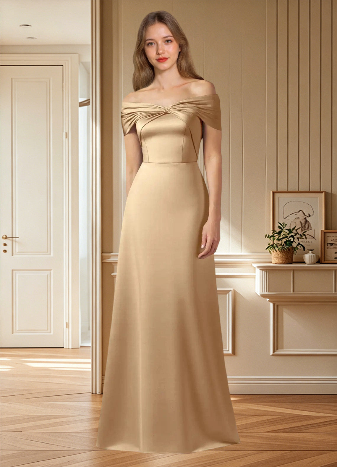 Augday Amelia A-Line Off the Shoulder Stretch Satin Dress