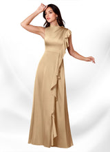 Augday Narine A-Line High Neckline Pleated Stretch Satin Dress