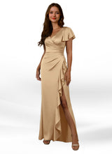 Augday Roya Mermaid V-Neck Pleated Stretch Satin Dress