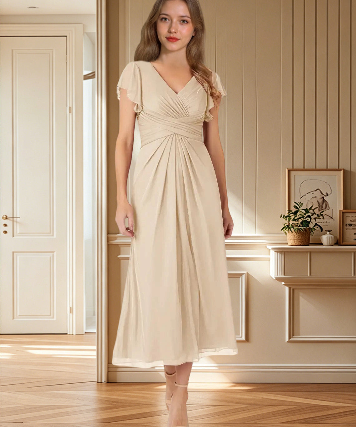 Augday Vera A-Line V-Neck Pleated Mesh Dress