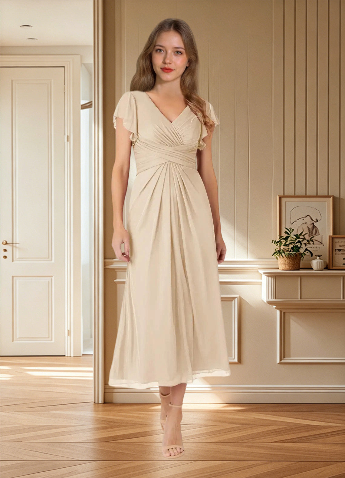 Augday Vera A-Line V-Neck Pleated Mesh Dress