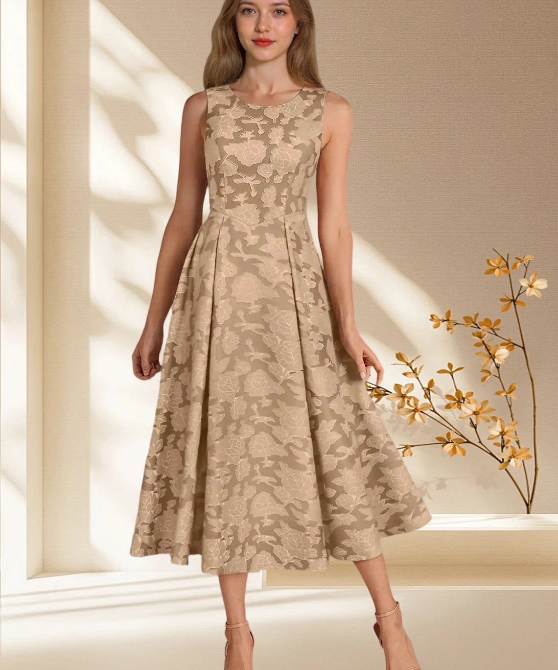 Augday Fulton A-Line Pleated Floral Burnout Dress