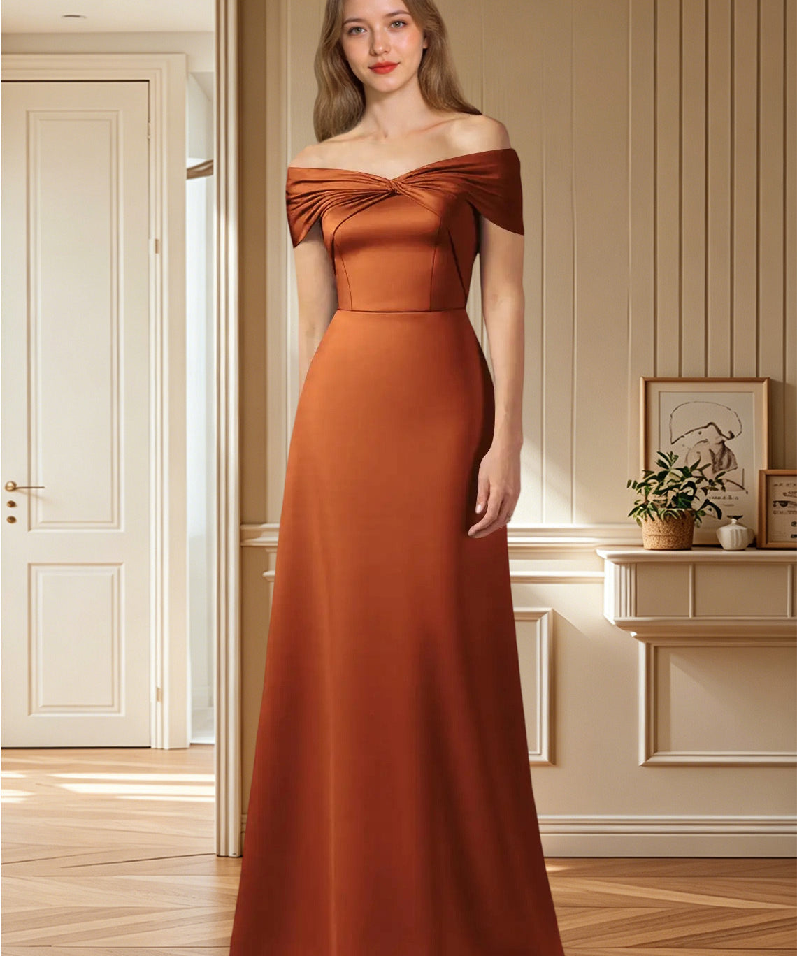 Augday Amelia A-Line Off the Shoulder Stretch Satin Dress