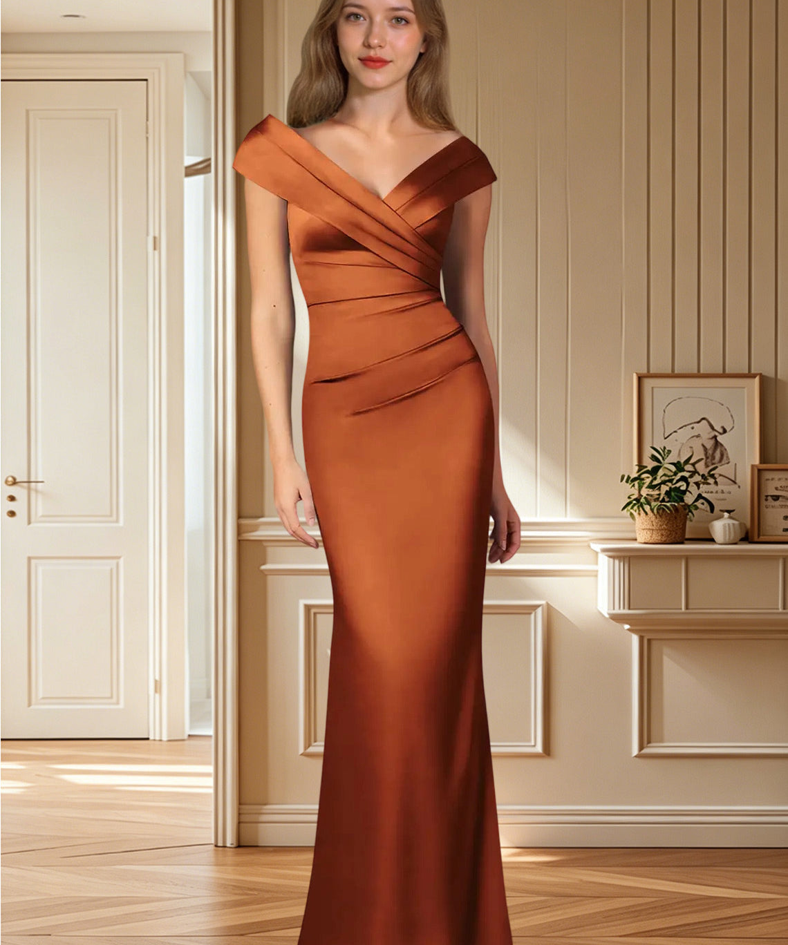 Augday Ludlow Mermaid Pleated Stretch Satin Dress