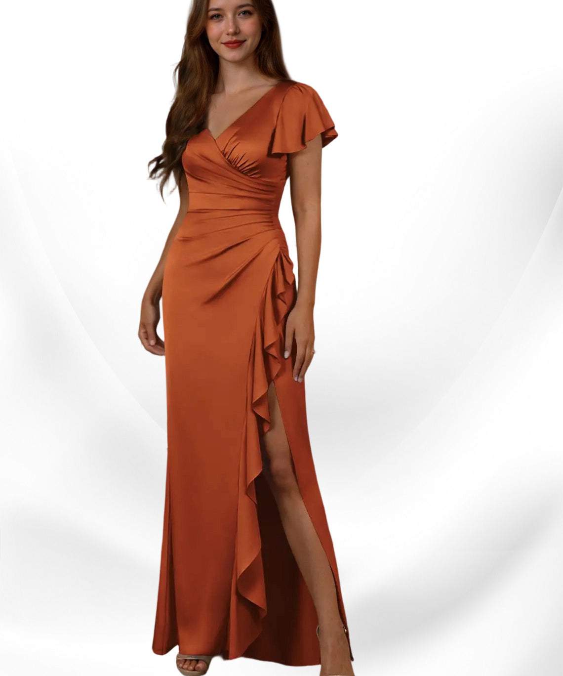 Augday Roya Mermaid V-Neck Pleated Stretch Satin
