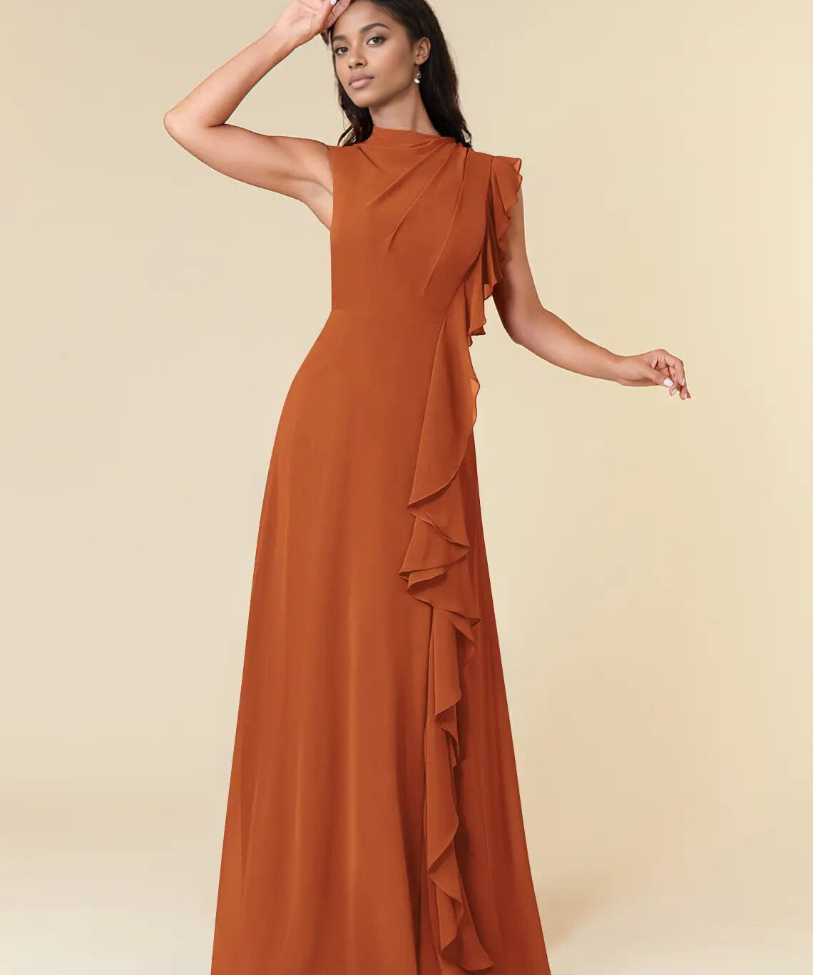 Augday A-Line High Neckline Pleated Chiffon Dress