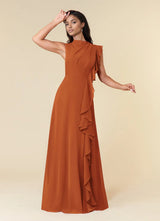 Augday A-Line High Neckline Pleated Chiffon Dress