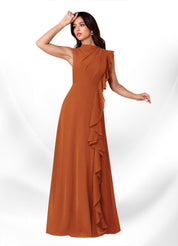 Augday Narine A-Line High Neckline Pleated Chiffon Dress
