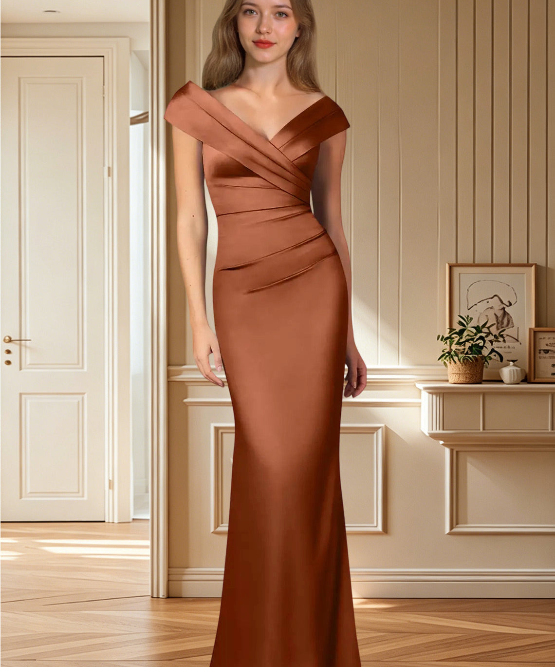 Augday Ludlow Mermaid Pleated Stretch Satin Dress