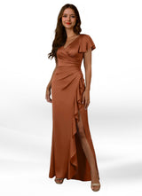Augday Roya Mermaid V-Neck Pleated Stretch Satin Dress
