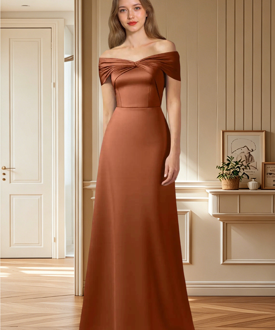 Augday Amelia A-Line Off the Shoulder Stretch Satin Dress