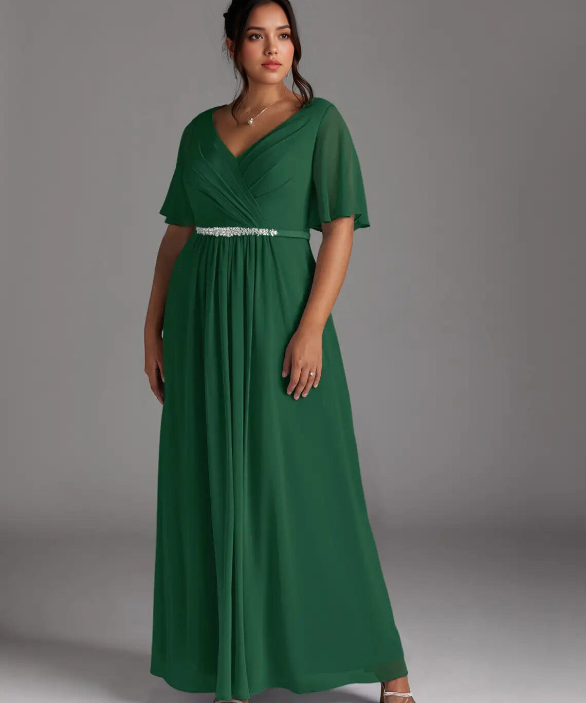 Augday A-Line V-Neck Pleated Chiffon Dress Plus Size