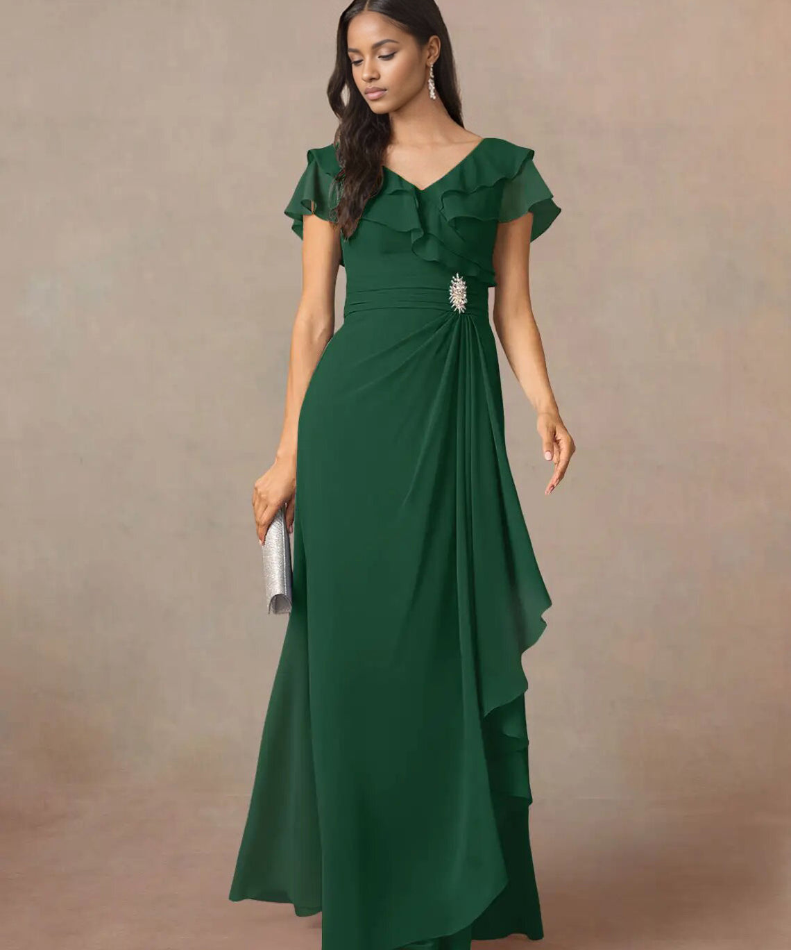 Augday A-Line V-Neck Ruched Chiffon Dress