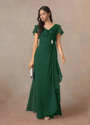 Augday A-Line V-Neck Ruched Chiffon Dress