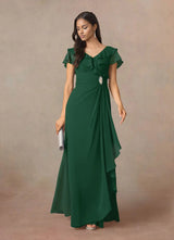 Augday A-Line V-Neck Ruched Chiffon Dress