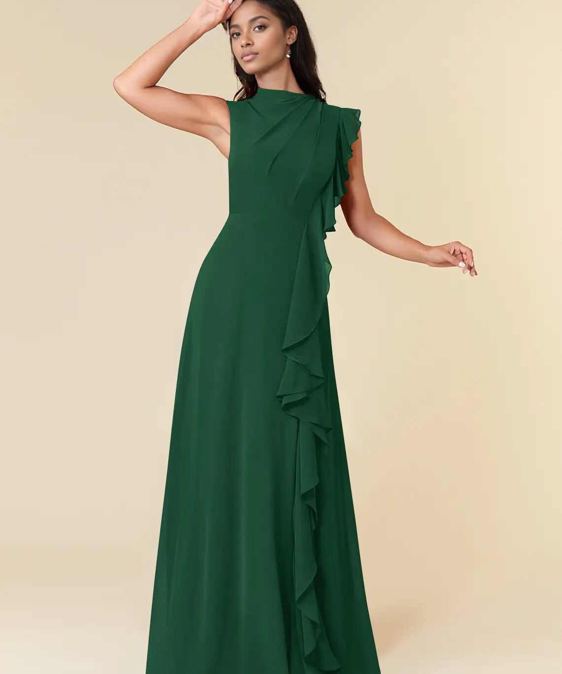Augday A-Line High Neckline Pleated Chiffon Dress