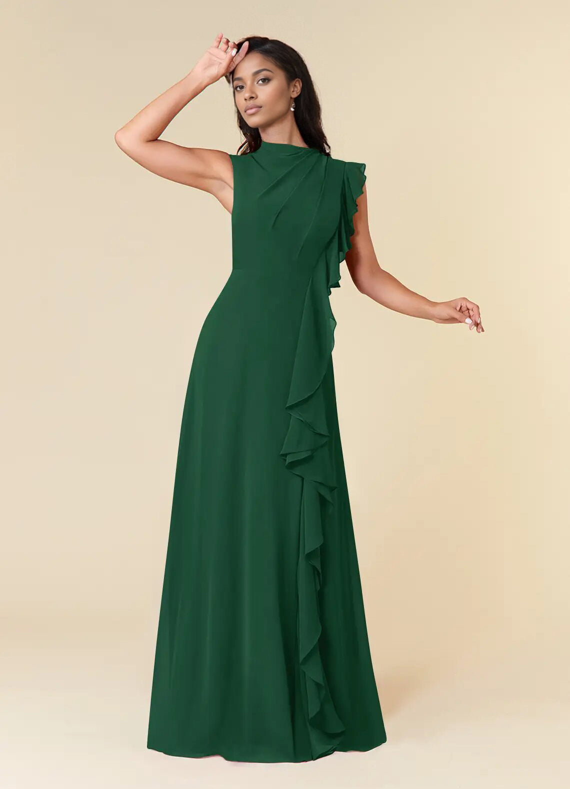 Augday A-Line High Neckline Pleated Chiffon Dress