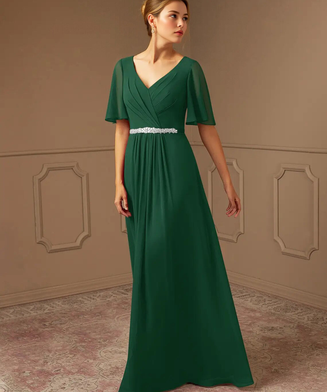 Augday A-Line V-Neck Pleated Chiffon Dress