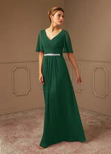 Augday A-Line V-Neck Pleated Chiffon Dress