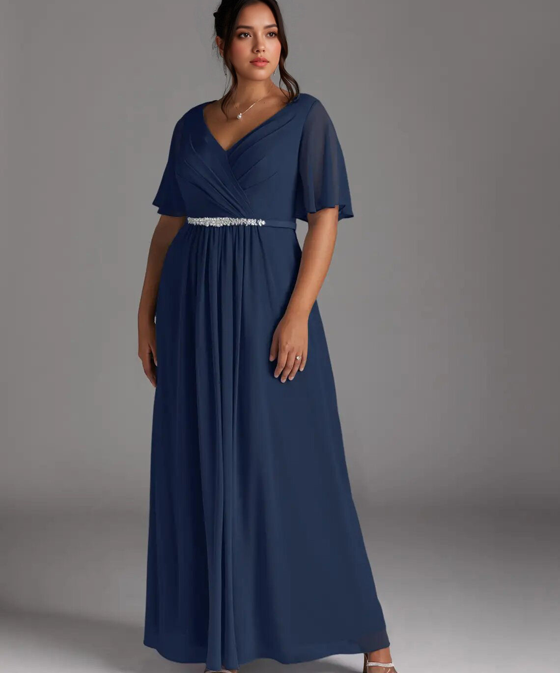 Augday A-Line V-Neck Pleated Chiffon Dress Plus Size