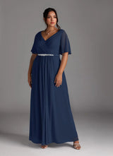 Augday A-Line V-Neck Pleated Chiffon Dress Plus Size