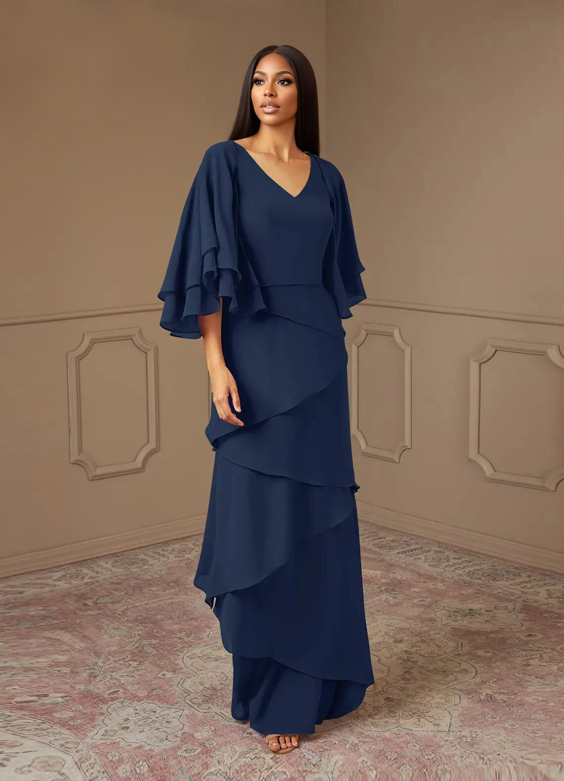 Augday OHara A-Line V-Neck Chiffon Dress