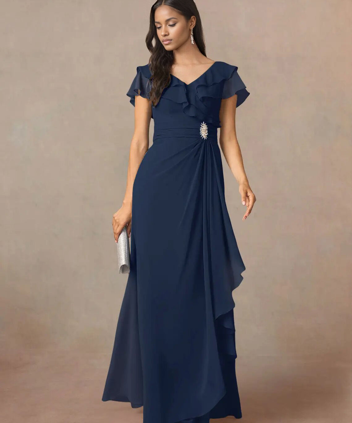 Augday A-Line V-Neck Ruched Chiffon Dress