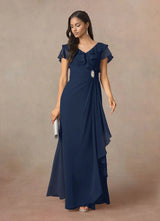 Augday A-Line V-Neck Ruched Chiffon Dress