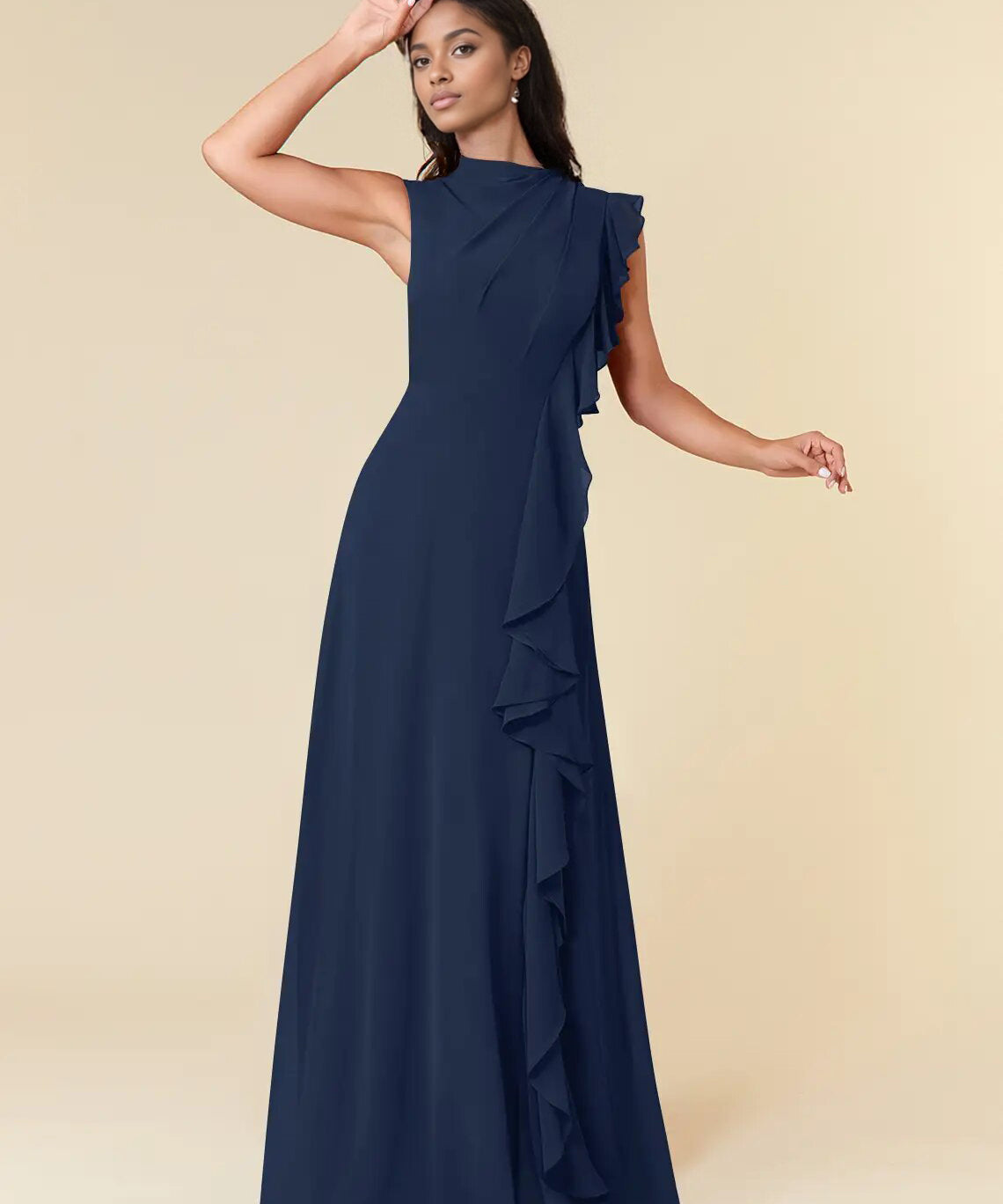 Augday A-Line High Neckline Pleated Chiffon Dress