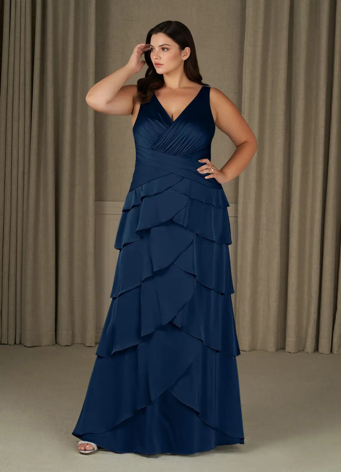 Augday Viola A-Line Pleated Stretch Satin Dress Plus Size