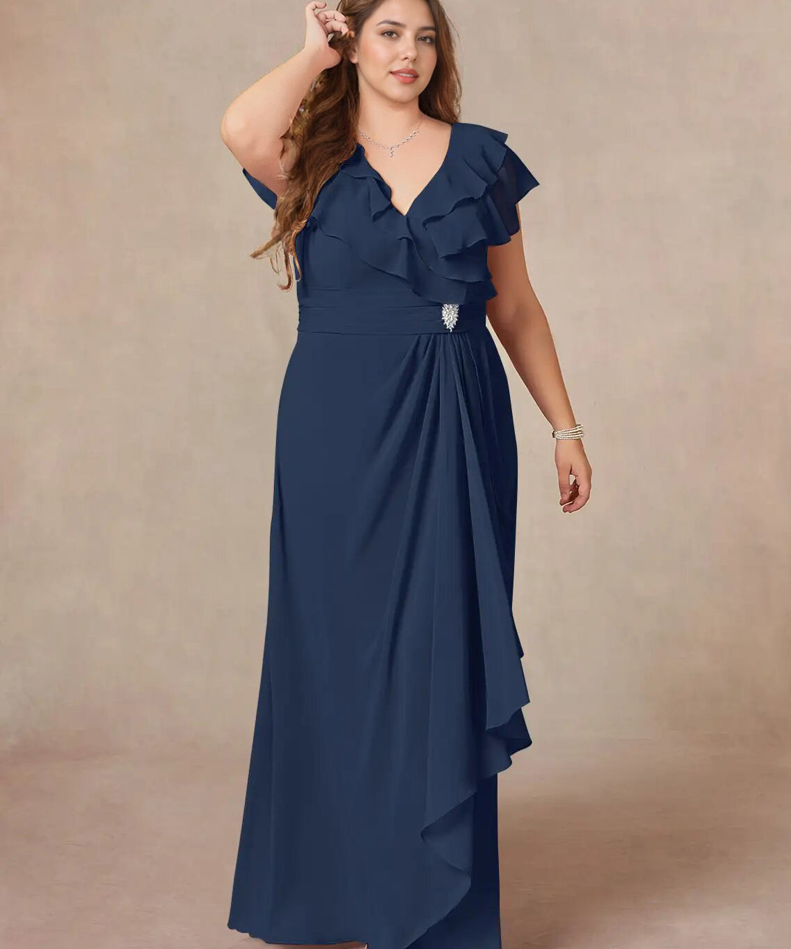 Augday A-Line V-Neck Ruched Chiffon Dress Plus Size